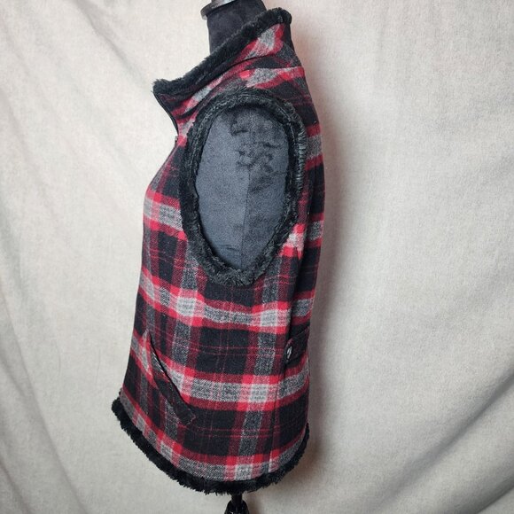 Woolrich Vest Womens S Black Red Plaid Faux Fur Lined Pockets Wool Blend Cozy - Picture 2 of 7